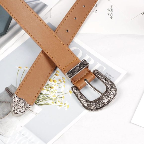 Western Belt Vintage Vegan Leather Camel Brown - Picture 7 of 8